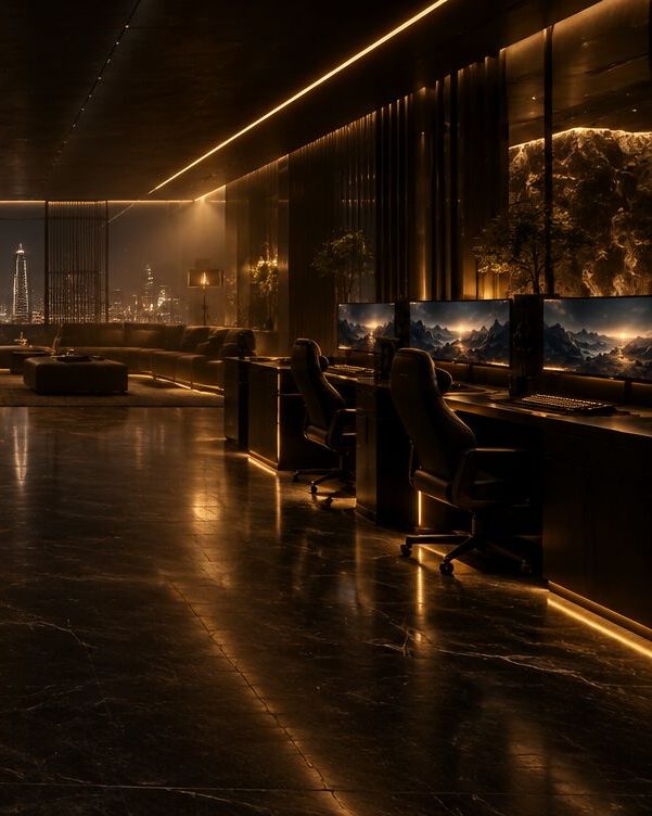 A row of gaming stations in a dark lounge with a city view