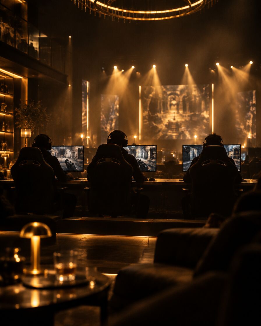 Players in gaming chairs on a gold-lit tournament stage